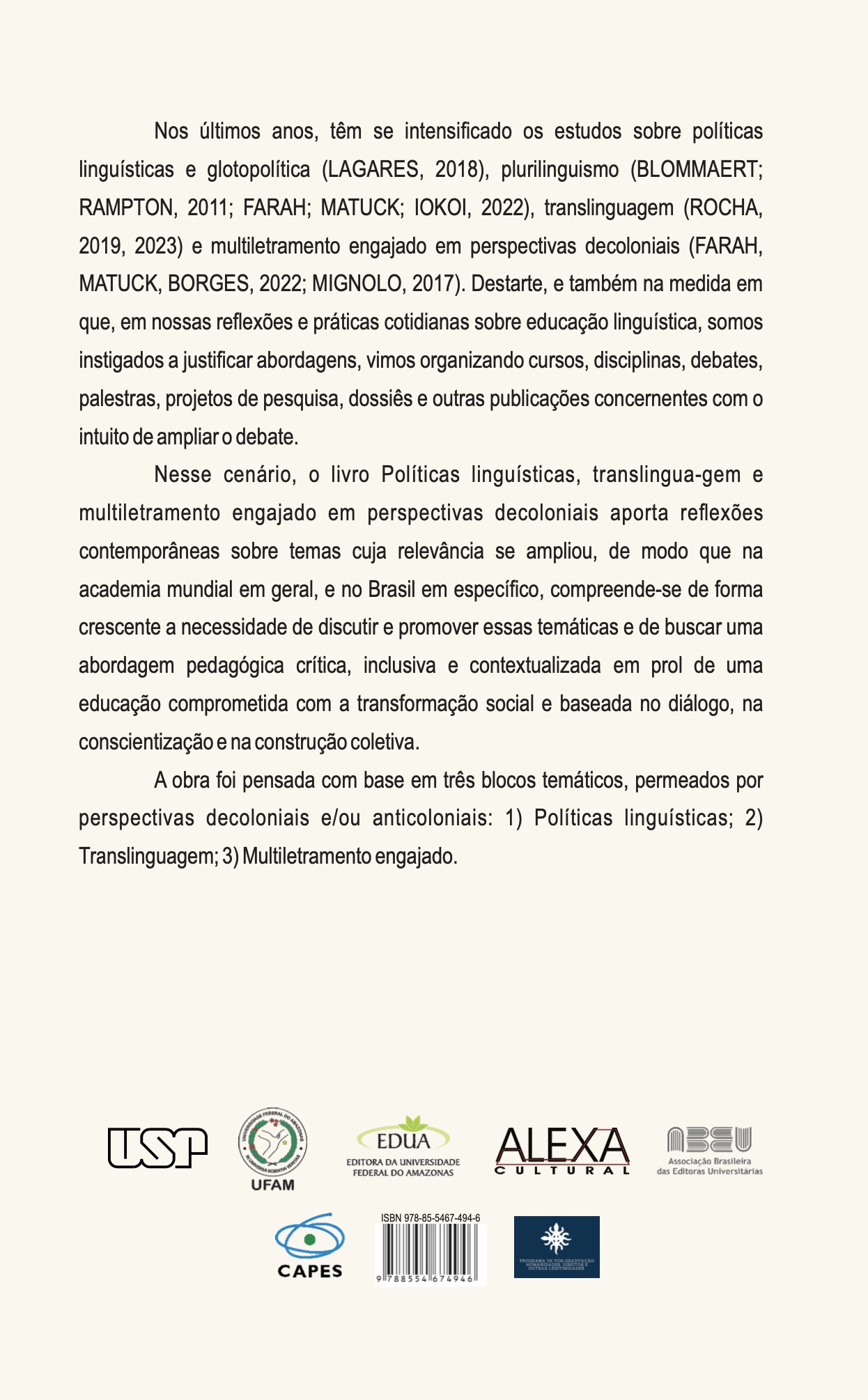 "Verso da Capa do Livro Políticas Linguísticas Translinguagem e Multiletramento Engajado em Perspectivas Decoloniais"